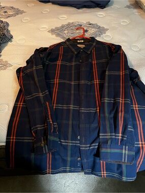 Men's Navy Plaid Button-Up Shirt - Orange Stripe